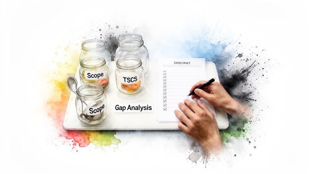 Illustrates gap analysis process with labeled jars for 'Scope' and 'TSCS' and a completed checklist.