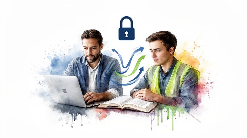 Two men collaborating with digital and traditional resources, featuring secure information flow and a padlock symbol.