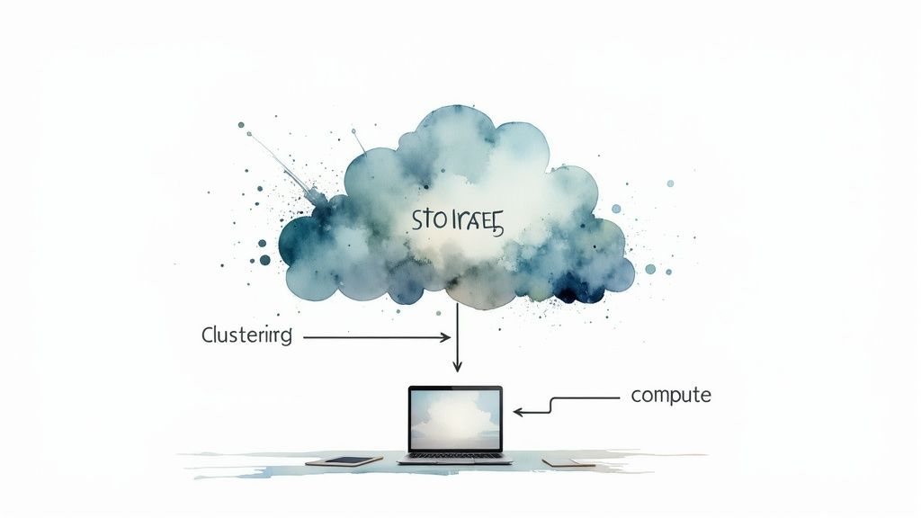 A watercolor diagram illustrating data flow from a cloud labeled 'STORAGE' to a laptop for 'Clustering' and 'compute'.