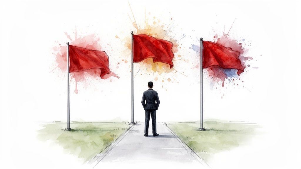 A businessman on a path faces three waving red flags, symbolizing warnings or critical issues.