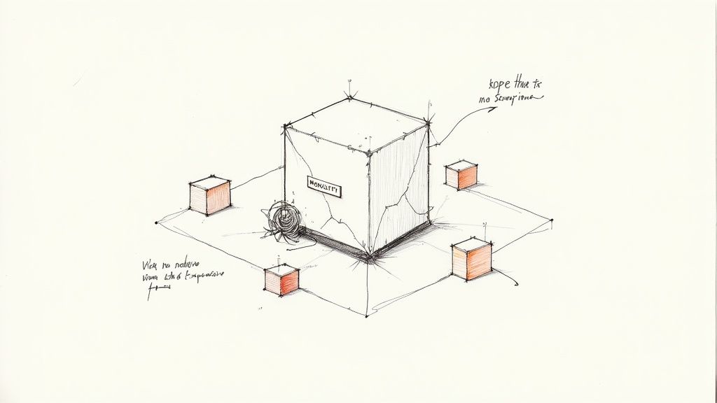 A conceptual sketch shows a cracked monolith cube surrounded by four smaller orange cubes on a plane.