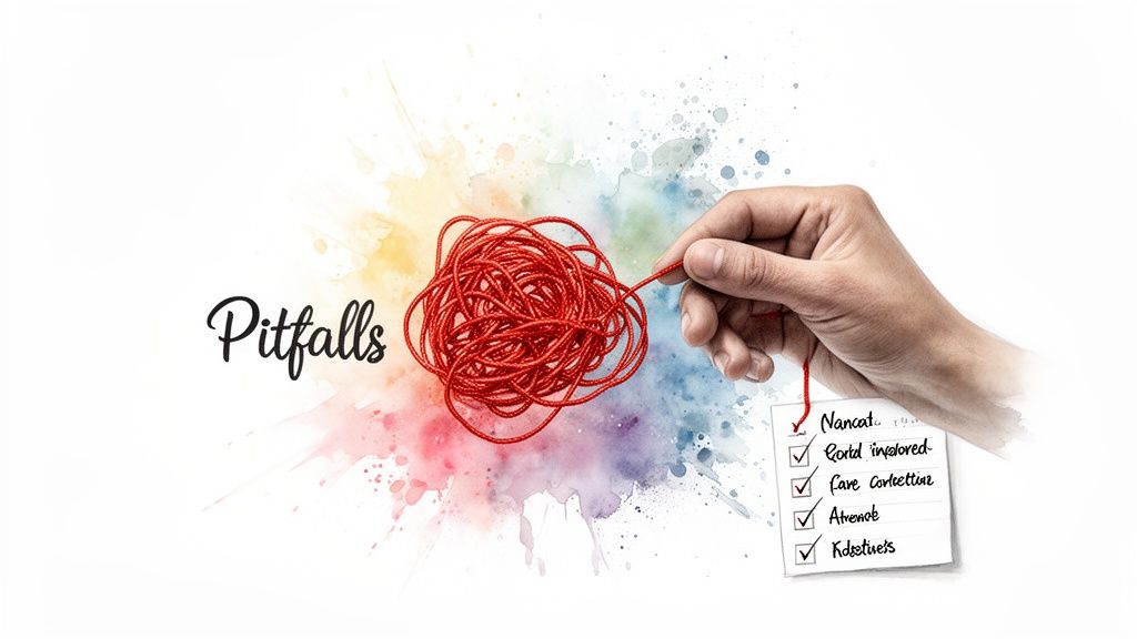 A hand untangles a red ball of string next to the word 'Pitfalls' and a completed checklist.
