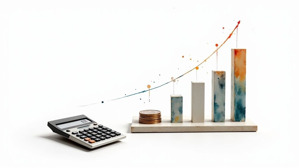 A calculator, stack of coins, and a bar chart demonstrating financial growth and business analysis.