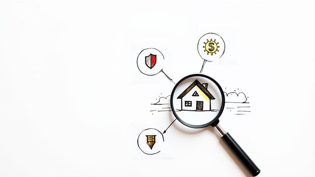 A magnifying glass over a house drawing, connected to icons representing security, finances, and property.