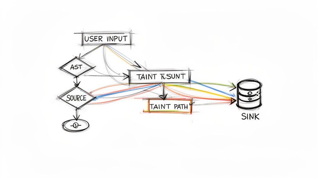 A flowchart illustrating taint analysis showing user input, AST, source, taint result, taint path, and a sink.