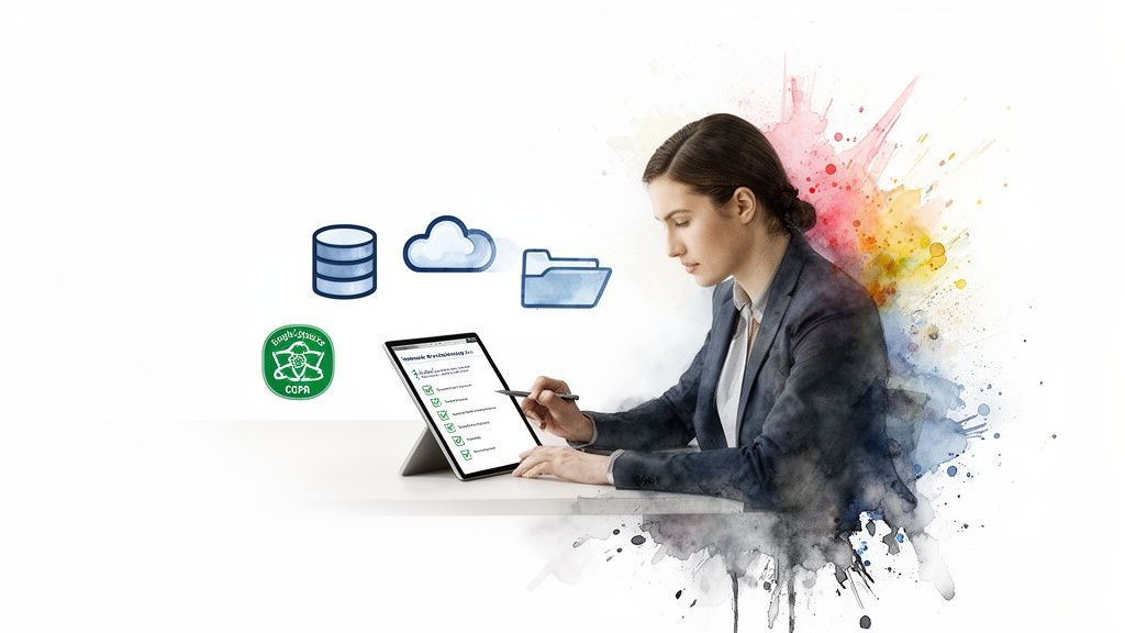 A data governance consultant checks a digital compliance checklist on a tablet, with data icons.