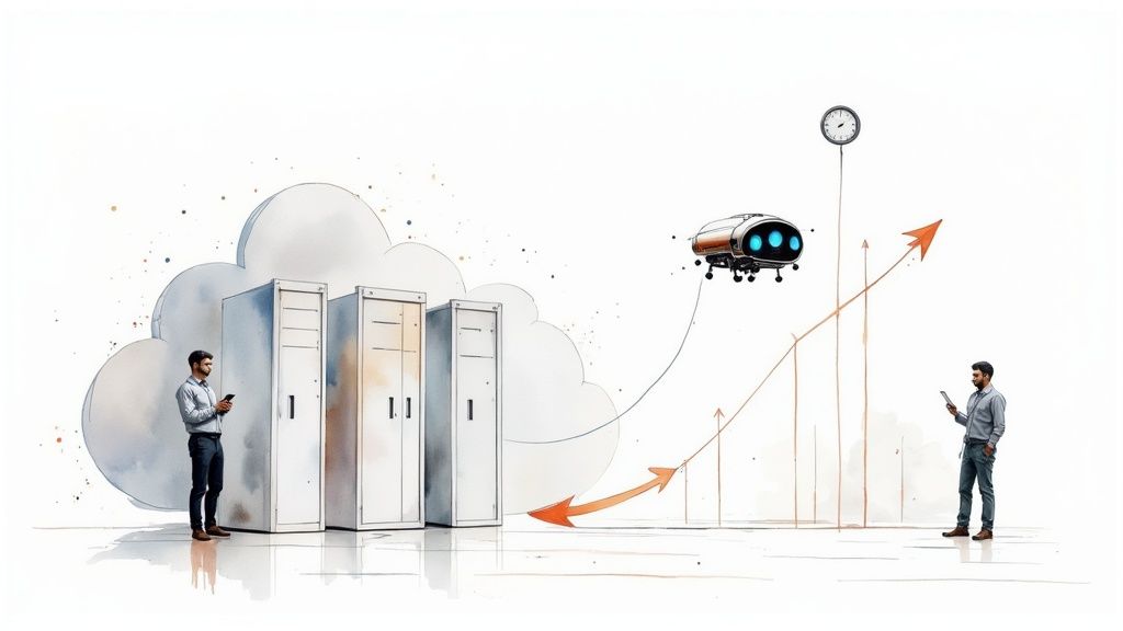 Illustration of cloud servers, men monitoring data on phones, and a graph showing optimization.