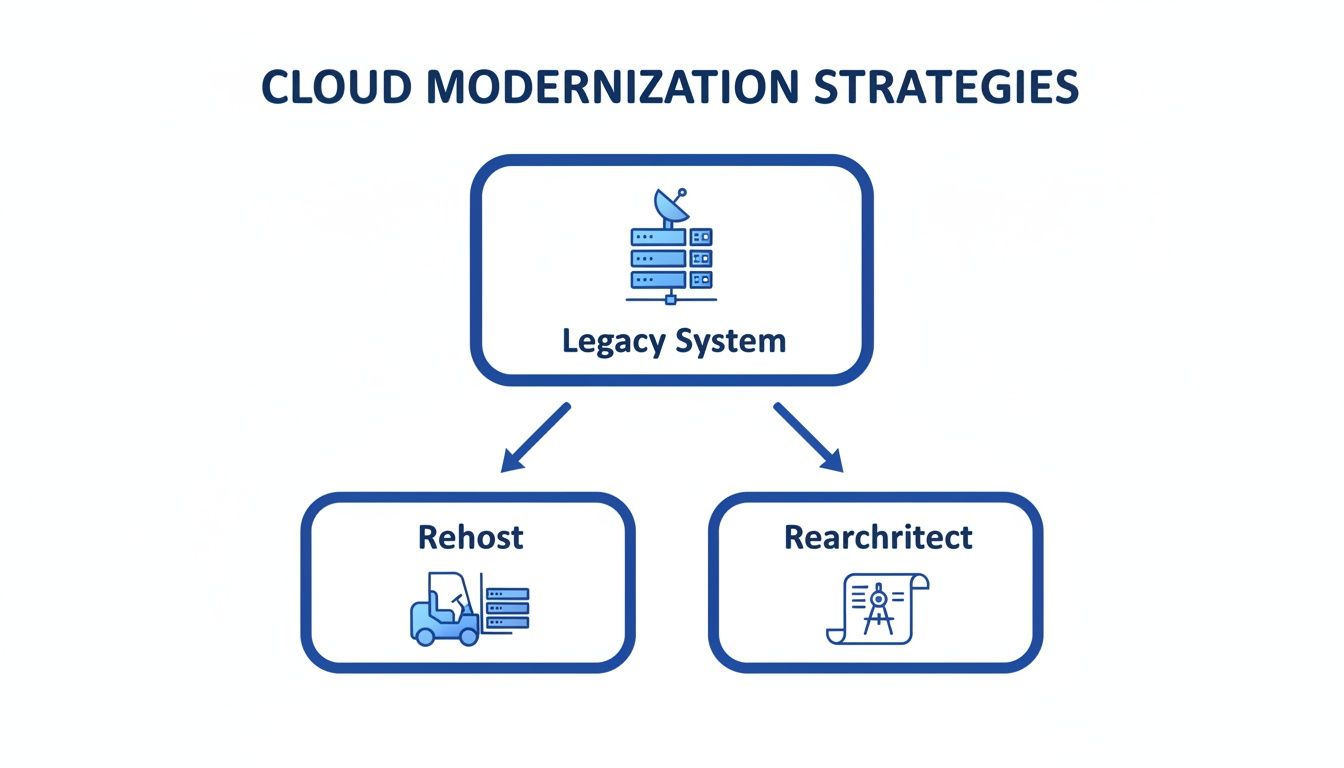 Diagram illustrating cloud modernization strategies: legacy systems can be rehosted or rearchitected.