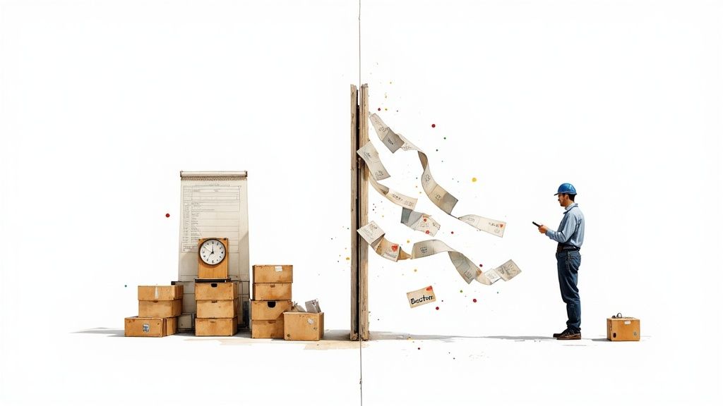 A man processes flowing documents in real-time, contrasting static boxes and timed tasks.