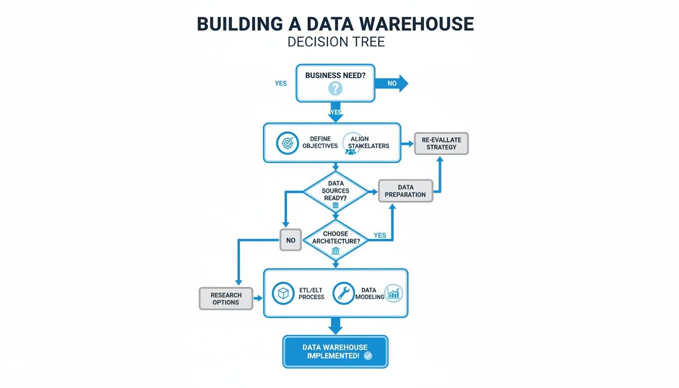 Decision tree flowchart illustrating the steps and considerations for building a data warehouse.
