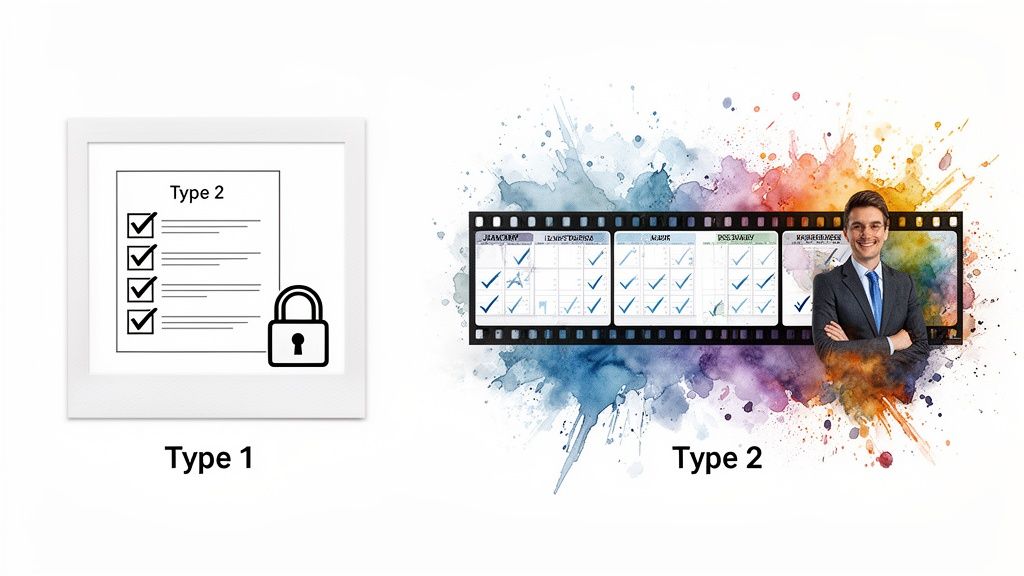 Visual comparison of audit reports: Type 1 shows a locked checklist, Type 2 displays ongoing monthly progress.