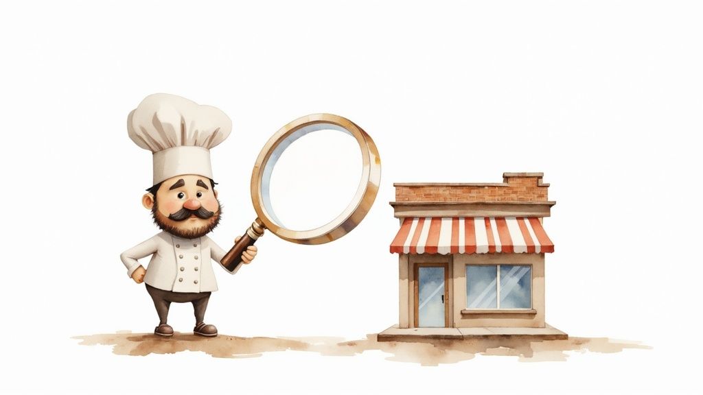 A cartoon chef in a white hat holds a magnifying glass, examining a small restaurant storefront.