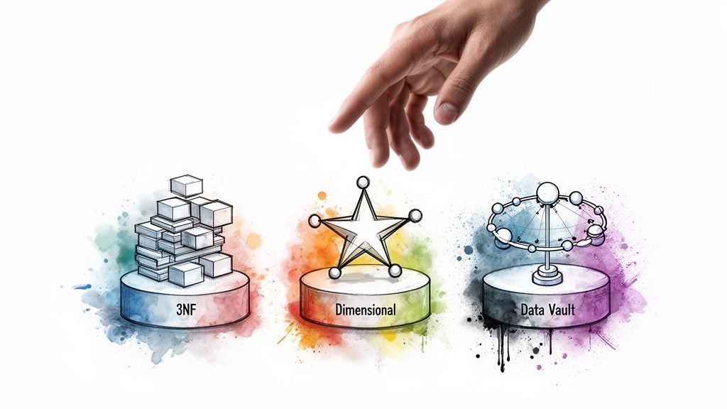 A hand reaches towards visual representations of 3NF, Dimensional, and Data Vault data modeling techniques.