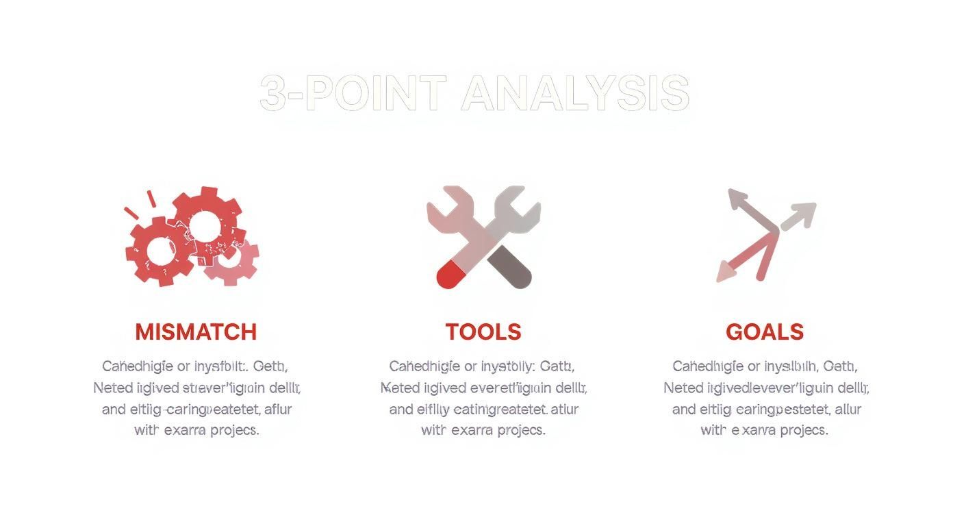A slide showing a 3-point analysis with icons for mismatch, tools, and goals.
