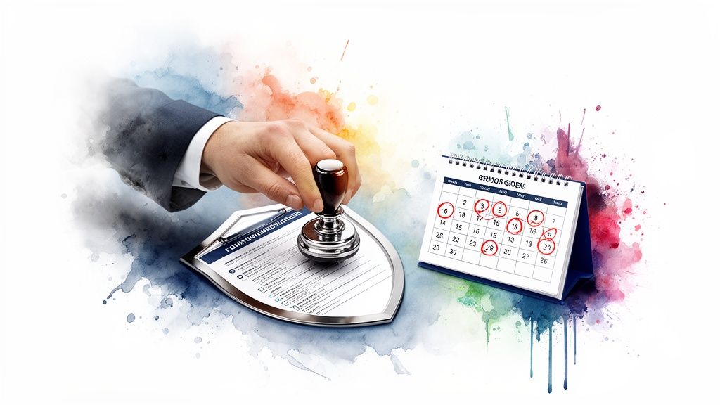 Hand stamping a document on a shield, next to a calendar with circled dates, symbolizing certification and deadlines.