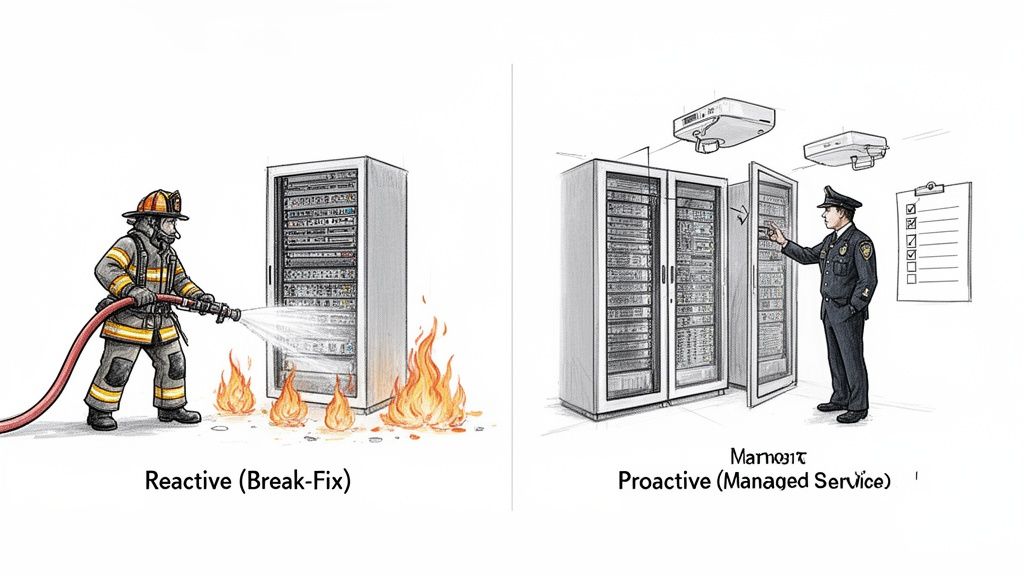 Comparing reactive break-fix IT support with proactive managed services for server infrastructure.