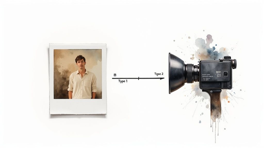 A polaroid photo of a man on the left, next to a vintage video camera on the right, connected by a line labeled 'Type 1' and 'Type 2'.