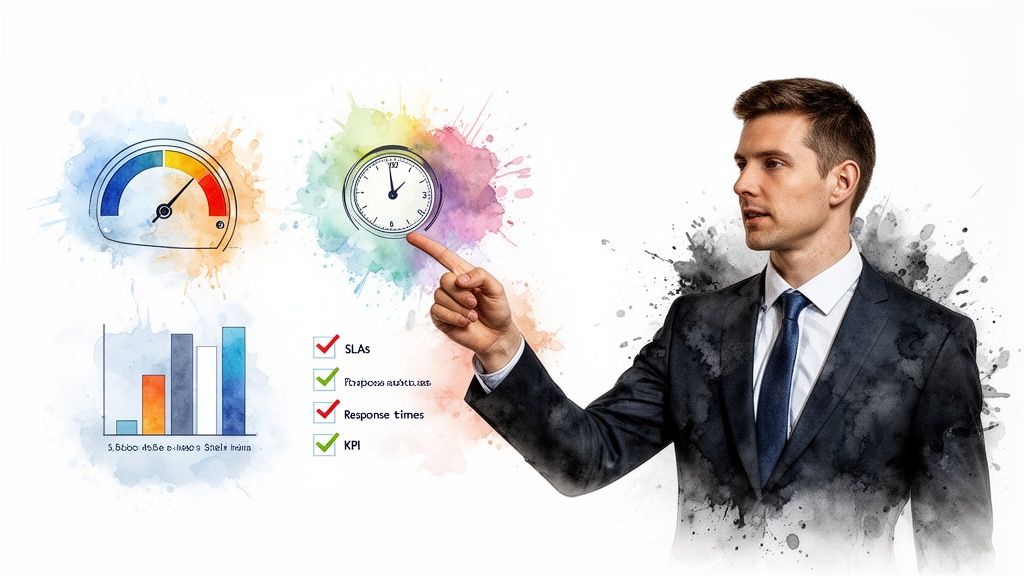 A professional in a suit pointing to key performance indicators, SLAs, and response times.