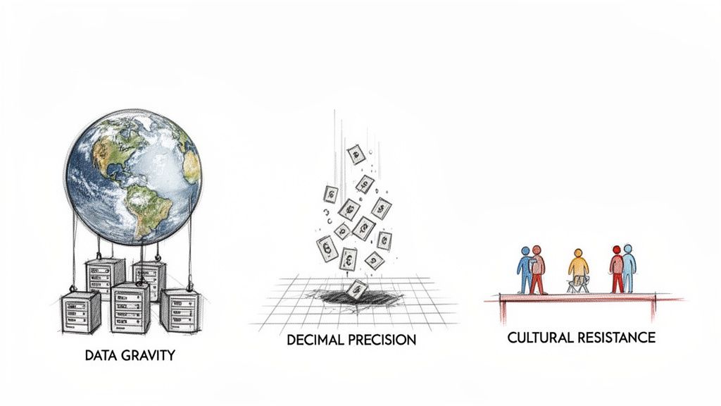 Illustration depicting data gravity, decimal precision, and cultural resistance as three distinct modernization concepts.