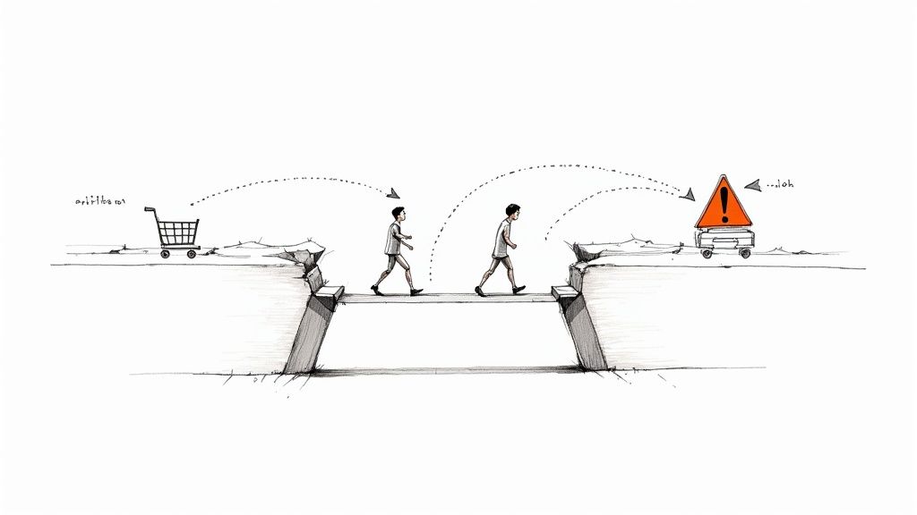 People walking over a bridge, ignoring 'priorities' shopping cart for an 'urgent warning' problem.