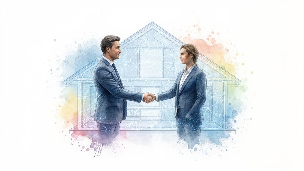 Two business professionals shaking hands in front of a wireframe house with network connections.