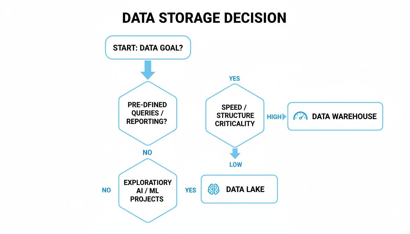 Flowchart illustrating data storage decisions, guiding users to choose between a Data Warehouse and a Data Lake.
