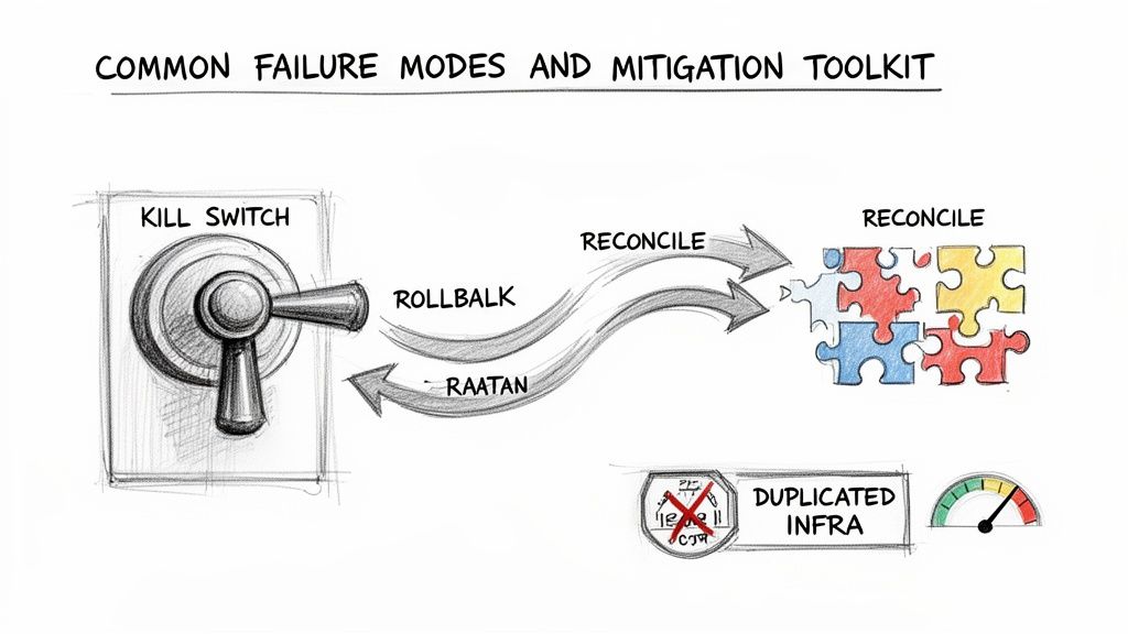 Illustration of a failure mitigation toolkit featuring kill switch, rollback, reconcile, and duplicated infrastructure strategies.