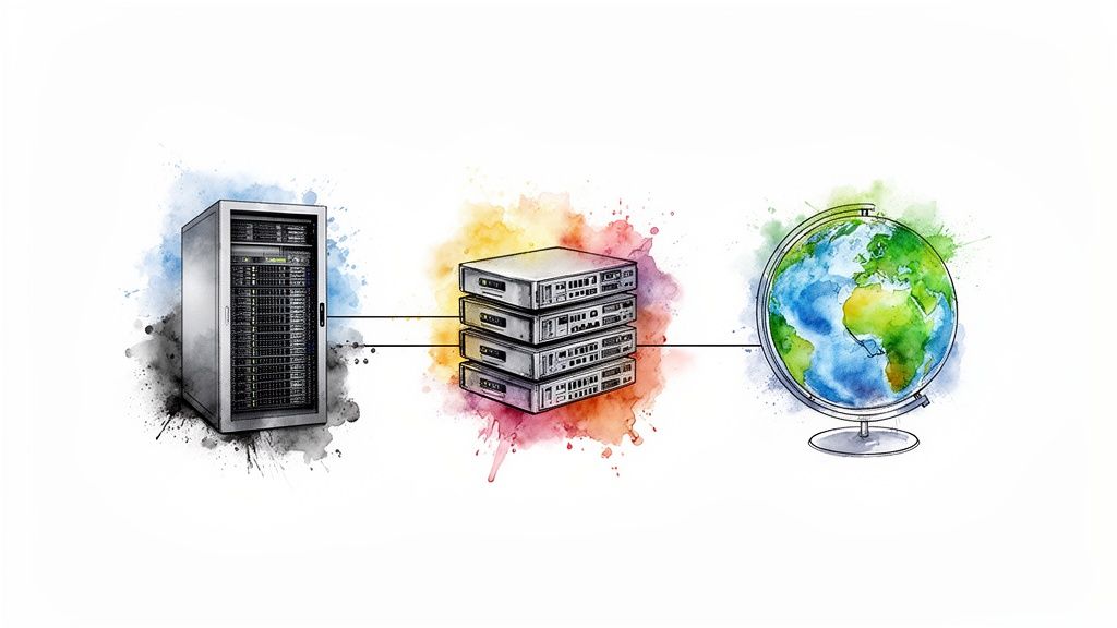 Watercolor illustration of a server rack, networking equipment, and a globe connected by lines, depicting global data transfer.