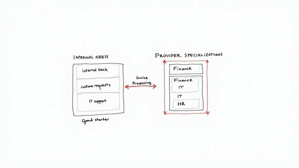 Diagram illustrating internal business needs interacting with external provider specializations for services like finance, IT, and HR.