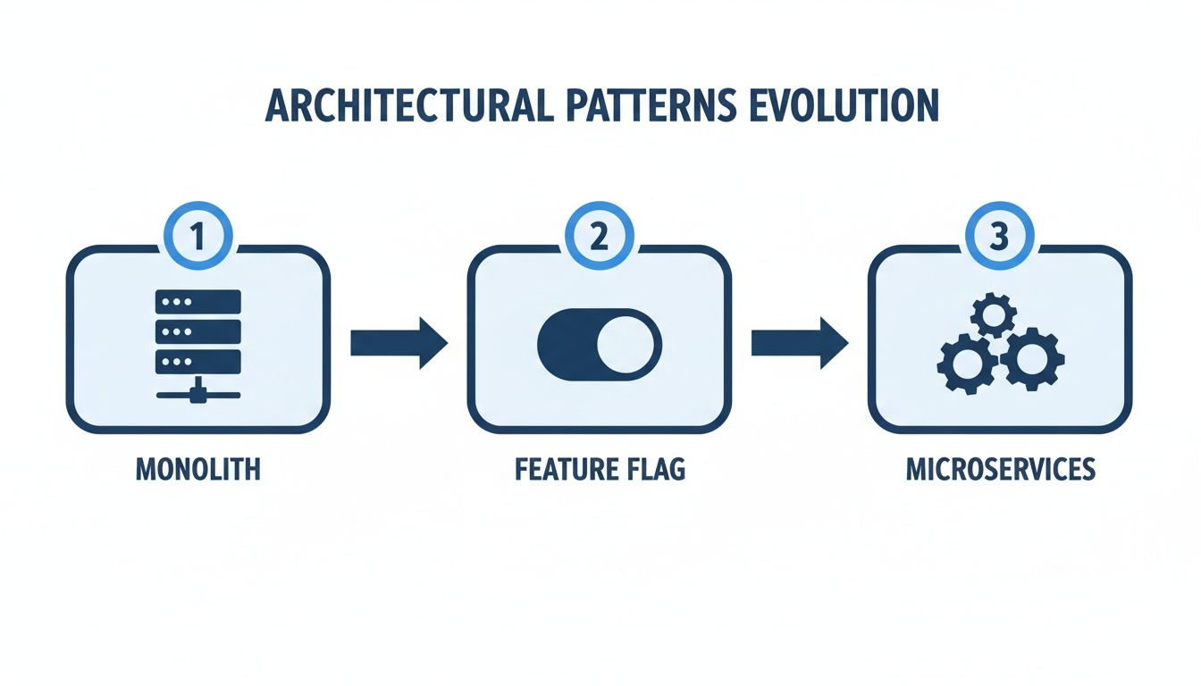 A diagram illustrating the evolution of architectural patterns from Monolith to Feature Flags to Microservices.