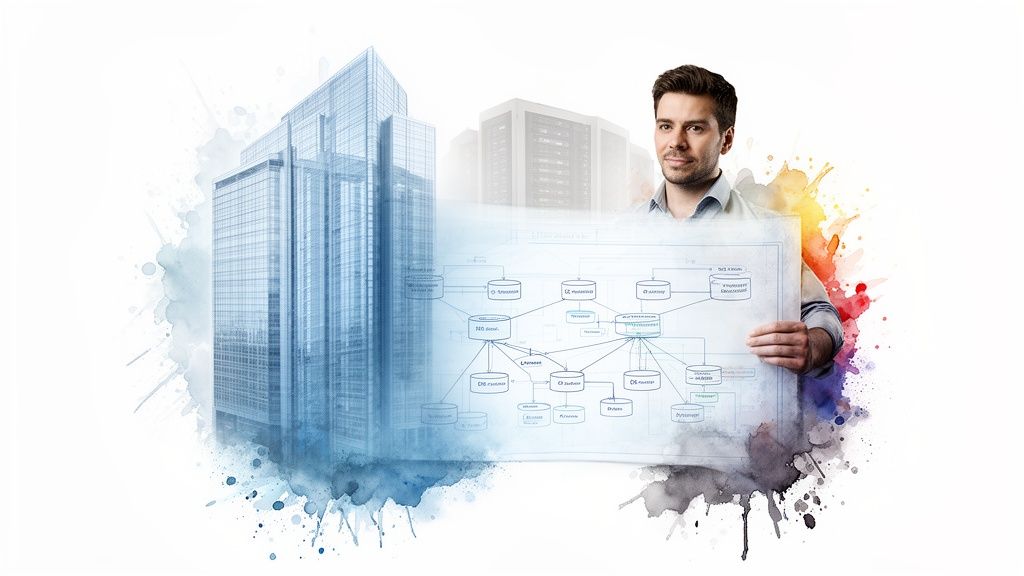 Man holding a data modeling diagram, with blurred city buildings and server racks in watercolor splashes.