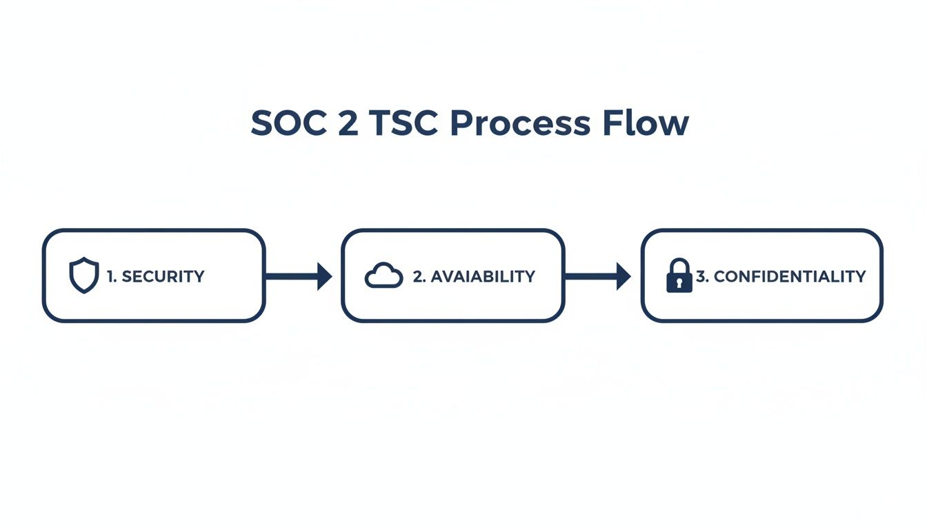 A flow chart illustrating the SOC 2 TSC process, detailing security, availability, and confidentiality steps.