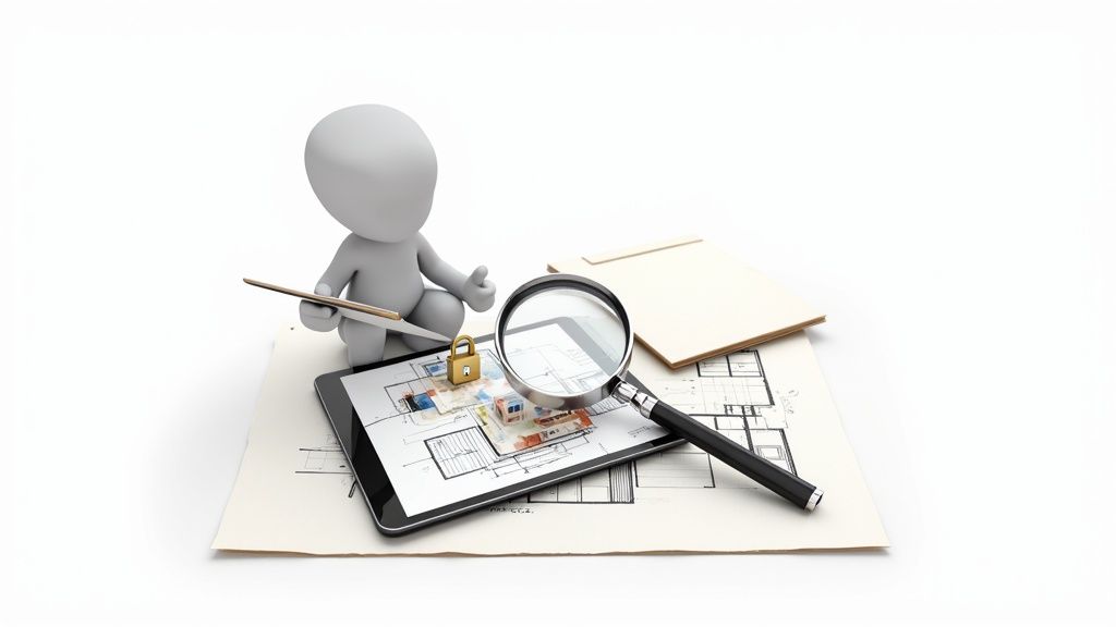 A 3D figure inspects a house blueprint on a tablet with a magnifying glass and padlock.