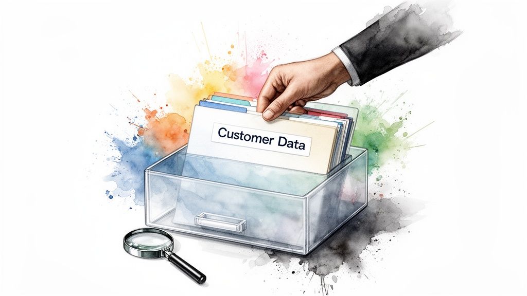A hand places a 'Customer Data' file into a clear organizer, next to a magnifying glass, surrounded by colorful splatters.