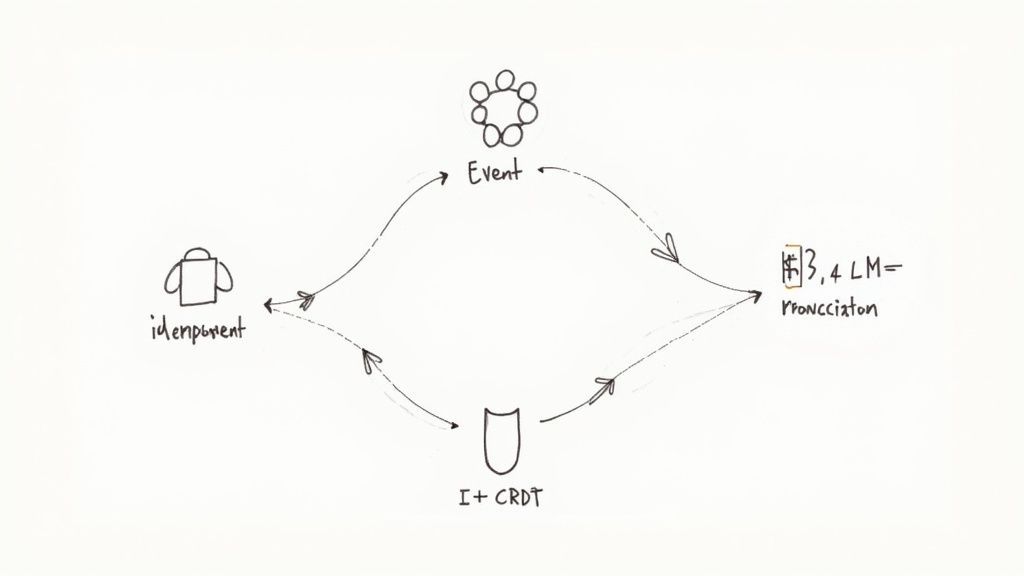 A hand-drawn diagram illustrating a technical system flow with events, idempotent operations, and CRDTs.