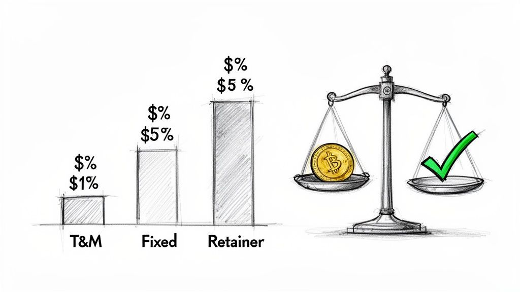 Bar chart shows T&M, Fixed, and Retainer payment models, with a balance scale displaying Bitcoin and a green checkmark.