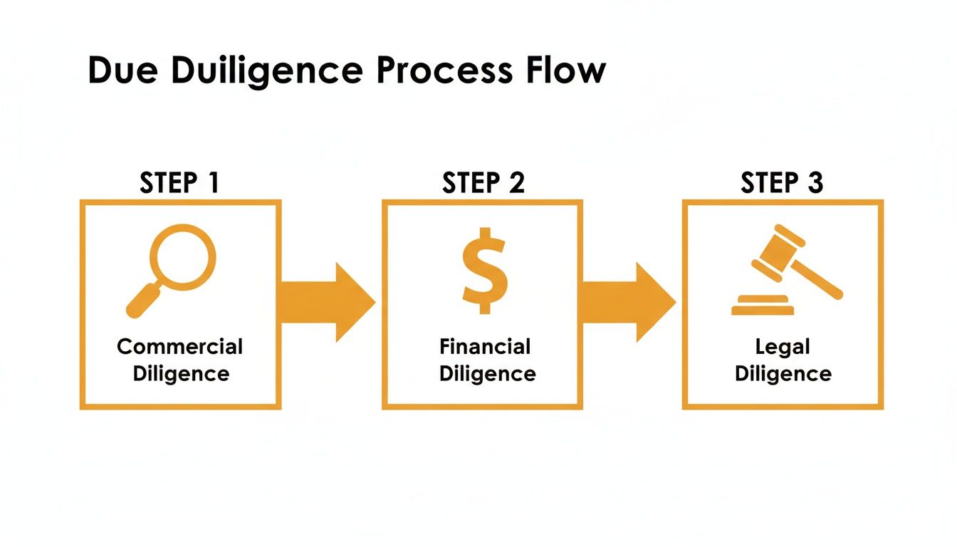 A process flow diagram illustrating the three steps of due diligence: commercial, financial, and legal.