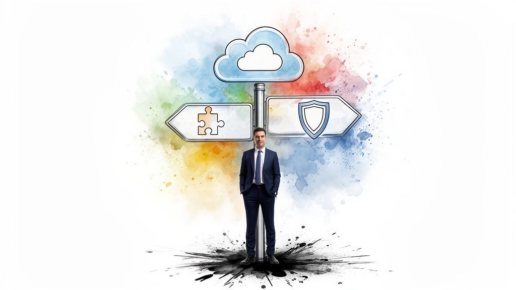 Professional stands at a crossroads, choosing between cloud solutions, integration, and data security.