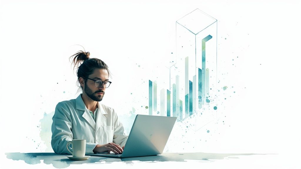 A man in a lab coat works on a laptop with abstract data visualization graphs.