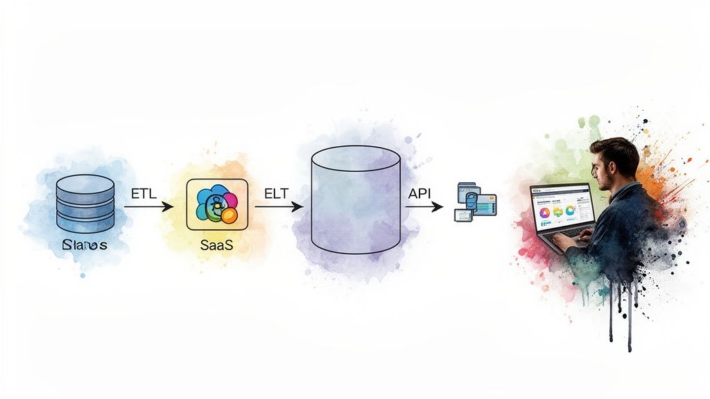 A visual representation of a data pipeline showing data transformation from a Slanos database to a user's analysis on a laptop.