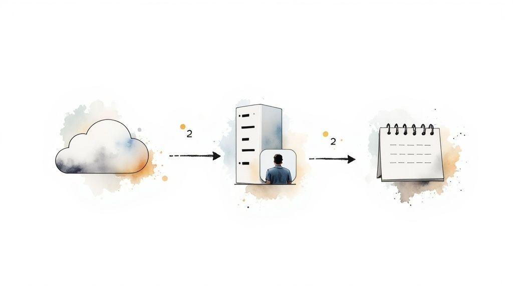 Illustration depicting a data compliance flow from a cloud to a server with a person, then to a calendar.