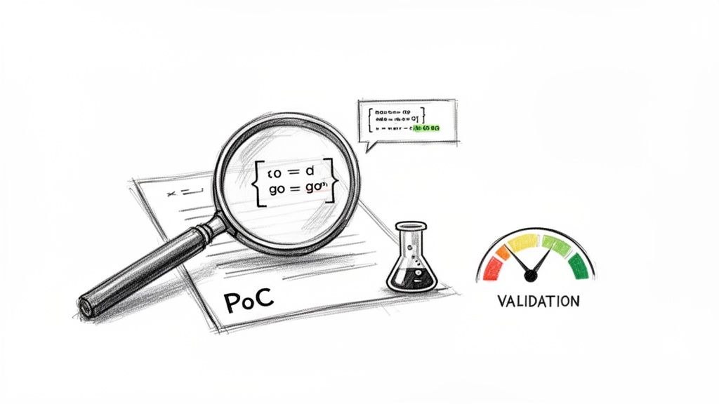 Sketch of PoC document with code, magnifying glass, beaker, and 'VALIDATION' gauge in green.