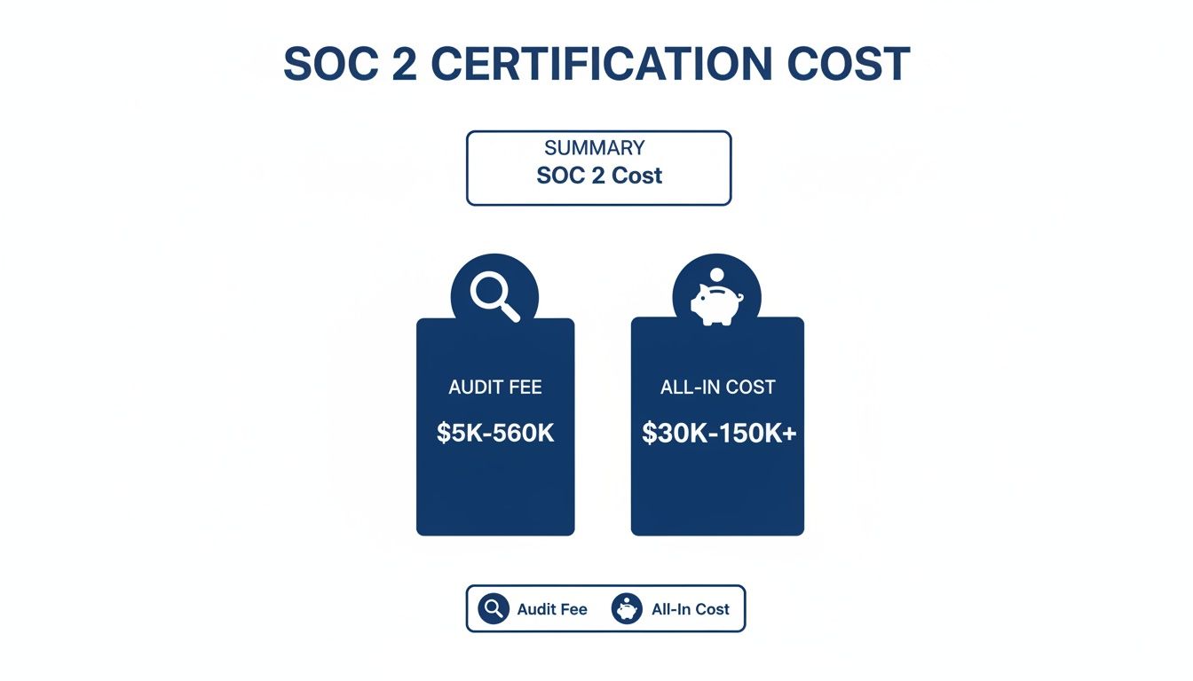 Infographic detailing SOC 2 certification costs, including audit fees ranging from $5K-$560K and total all-in expenses from $30K-$150K+.