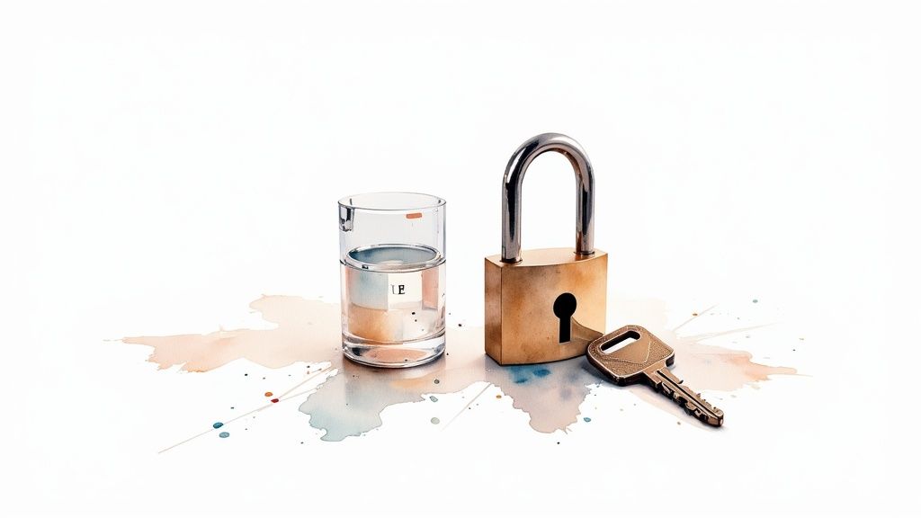 A glass of water, a brass padlock, and a key rest on watercolor splatters.