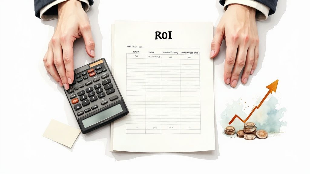 Hands calculating ROI with a calculator on a financial document, showing an upward growth chart and coins.