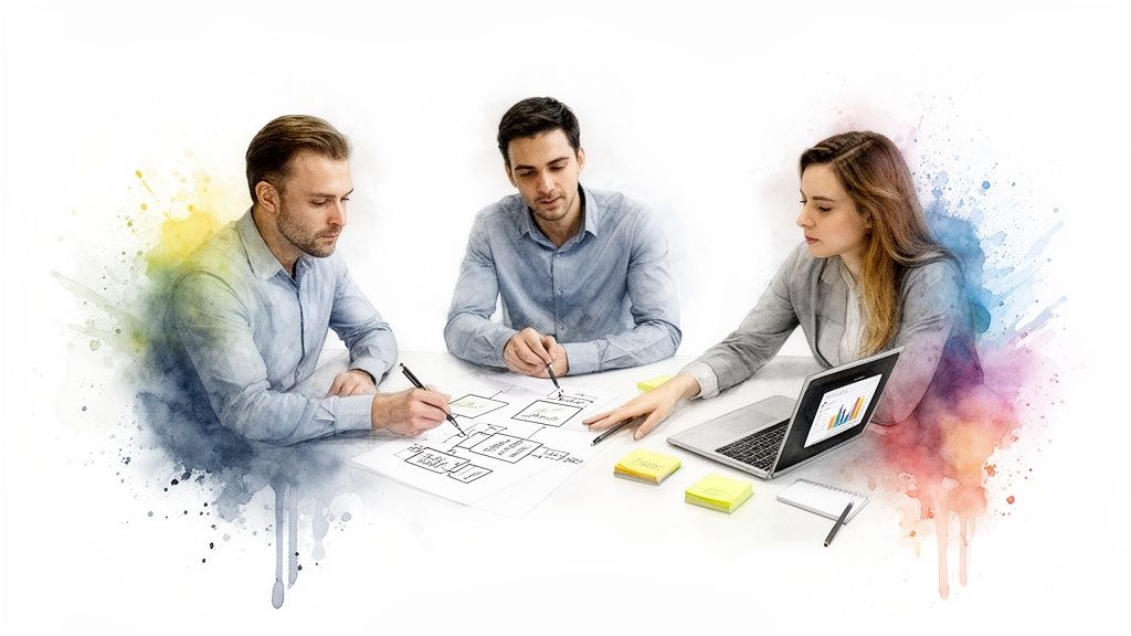 Three business professionals collaborate on a project, analyzing data and discussing flowcharts at a desk.