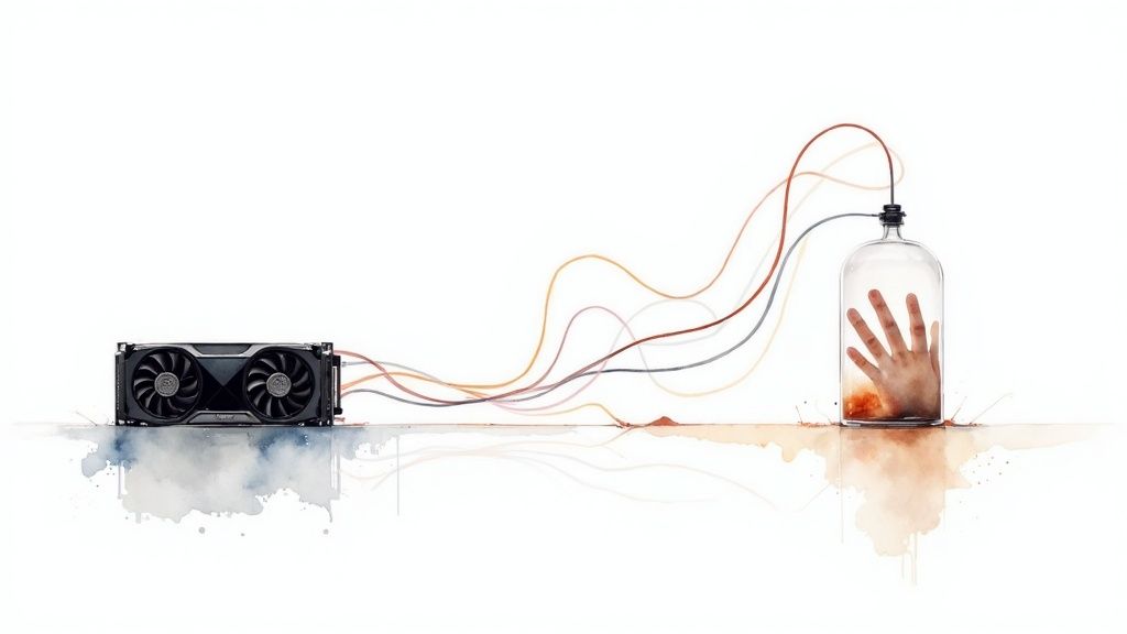 A black GPU connected by wavy lines to a human hand trapped in a glass jar, symbolizing control.