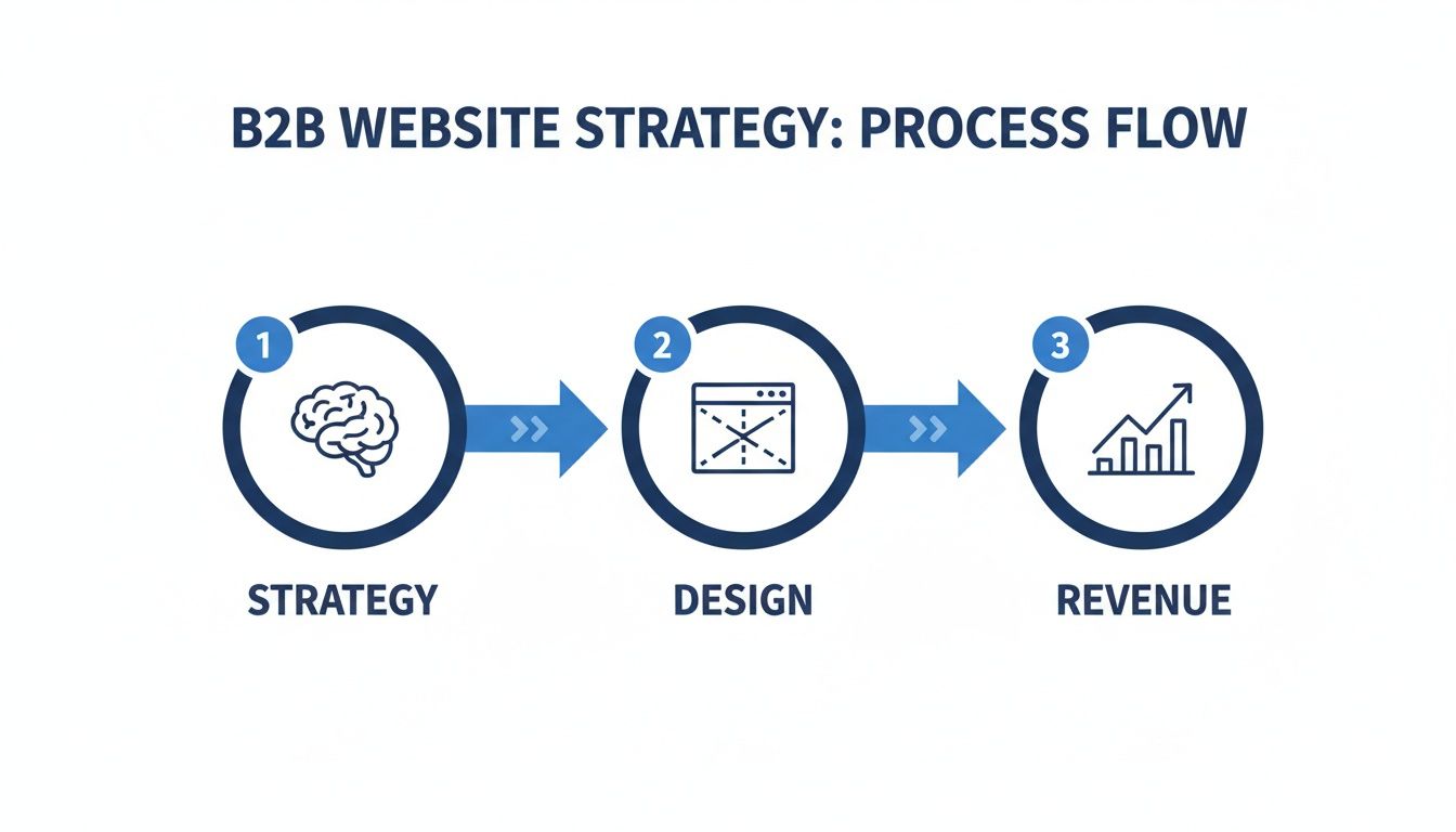 A B2B website strategy process flow diagram with three steps: Strategy, Design, and Revenue.