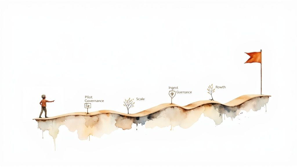 A watercolor illustration of a journey with milestones Pilot, Scale, Ingest, and Growth, leading to a red flag.