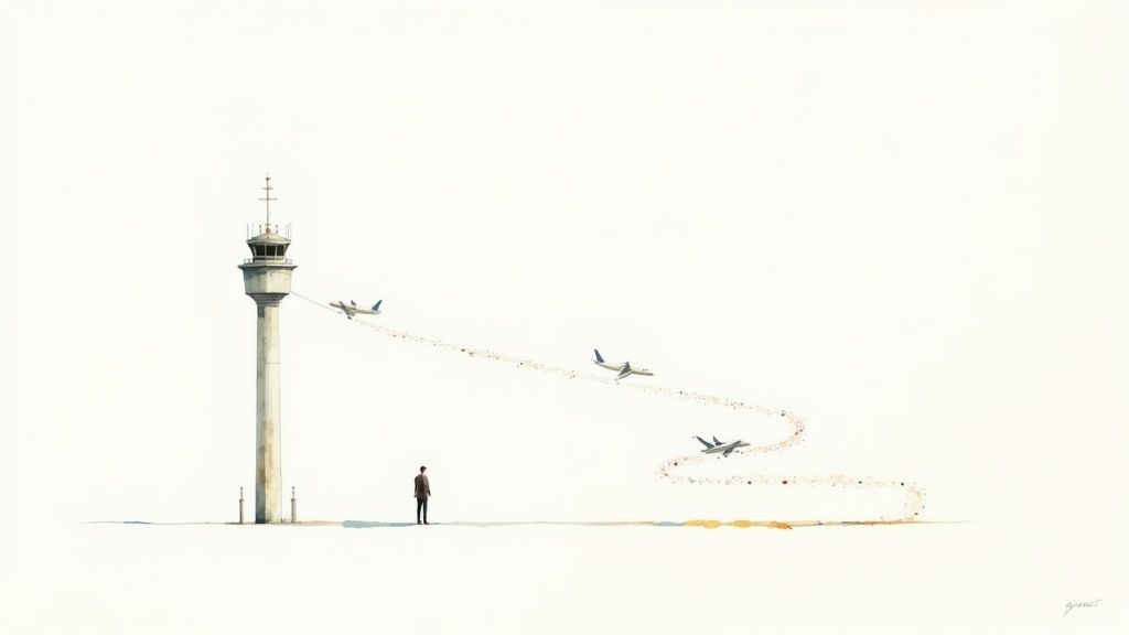 A man watches planes with colorful trails fly past an airport control tower, symbolizing data flow.